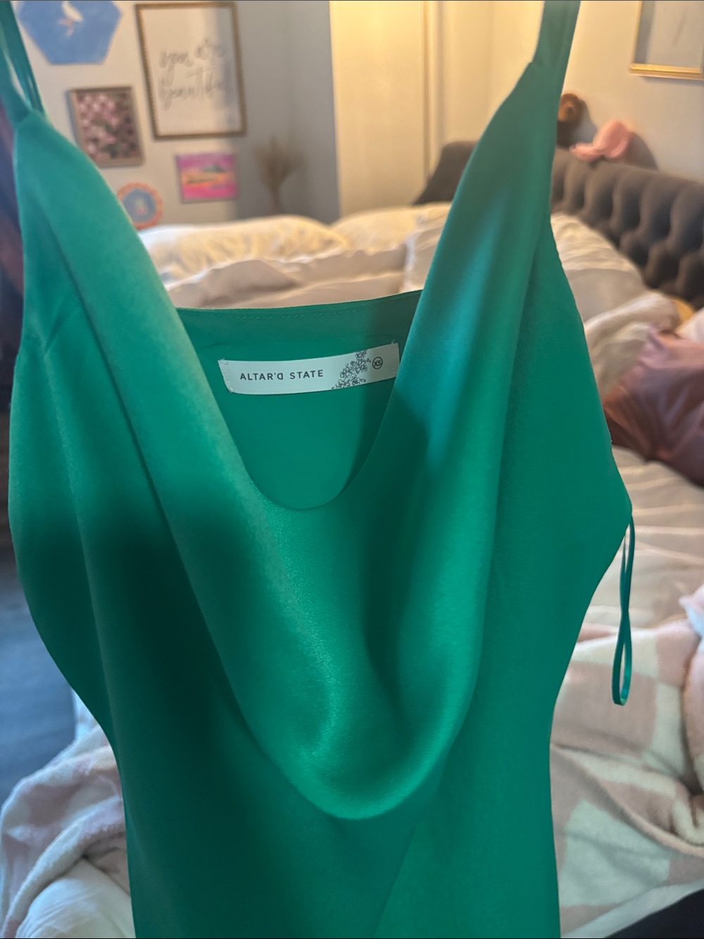 Altar'd State Emerald Green Satin Cowl Slip Dress - Worn once